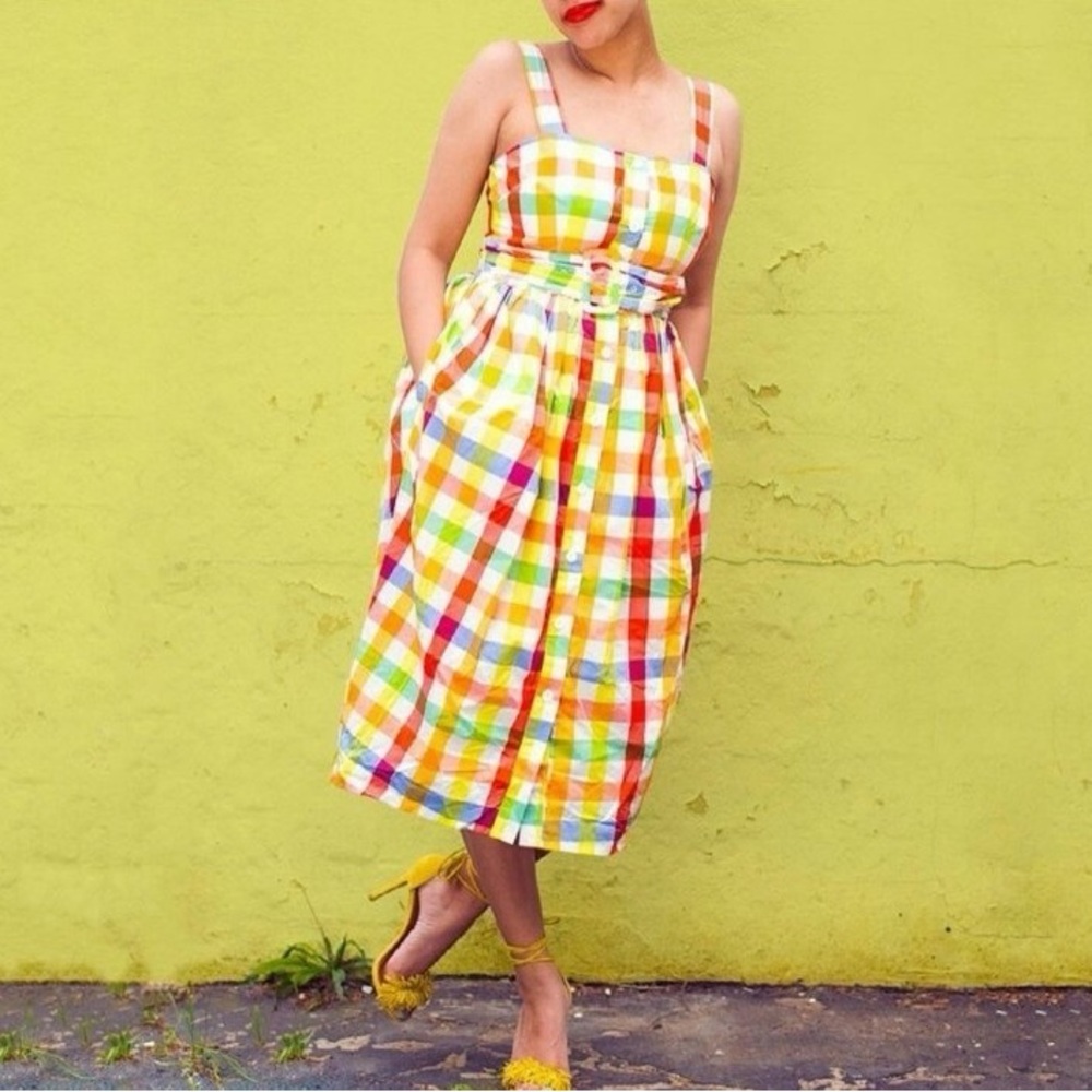 Bright Multicolor Gingham Sundress with Belt